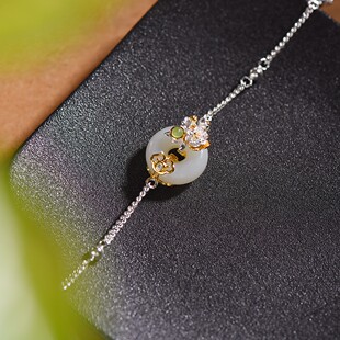 S925银镶嵌和田玉平安环白加绿配锆石手链