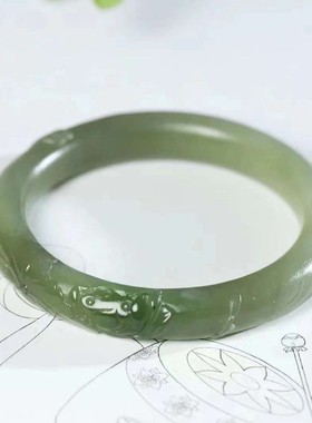 和田玉青海料湖水绿莲花玉镯