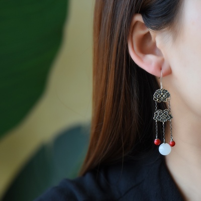 S925银镶和田玉复古耳环古风耳饰流苏长款高端花朵圆珠耳钩民族风