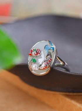 S925银镶和田玉珐琅蛋面莲年有鱼戒指玉戒指开口玉石女款2025新款