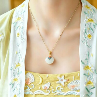 s925银镶和田玉青海料如意锁珐琅吊坠青白玉项链挂件镶金0446Q-2#