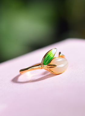 S925银镶嵌和田玉珐琅金枝玉叶戒指白玉和田玉戒玉饰品时尚女士