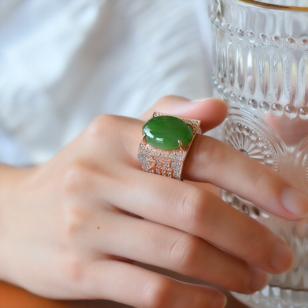s925银镶和田玉碧玉蛋面福字戒指碧绿手饰玫瑰金男款镶钻11334