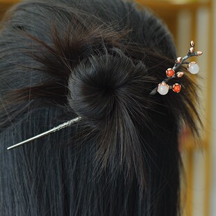 S925银镶嵌和田玉晴水料8厘珠子配南红发簪礼盒国风气质简约发饰