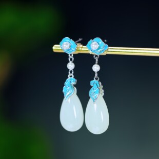 S925银镶和田玉水滴珐琅耳坠中国风复古优雅耳环古风花朵流苏5129