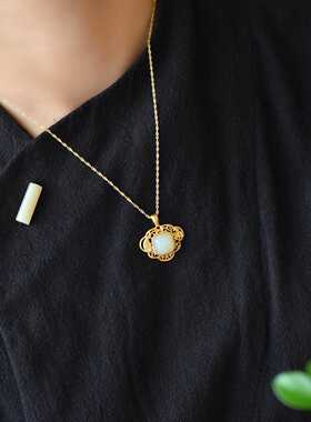 S925银镶和田玉莲年有鱼素银吊坠26256-6＃