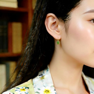 S925银镶嵌和田玉碧玉蛋面素银耳坠天然玉石碧绿精致纯银17195