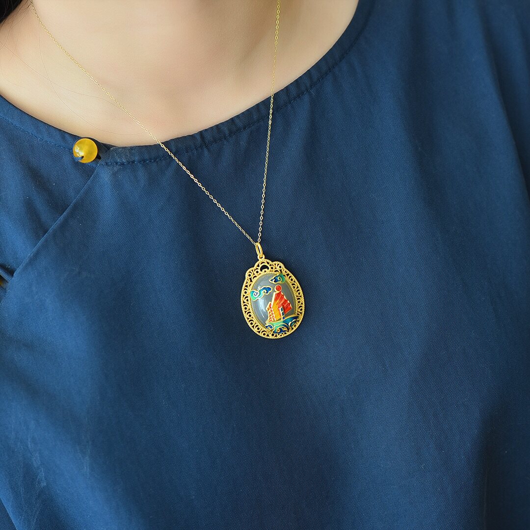 925银镶和田玉烟紫珐琅一帆风顺吊坠26834