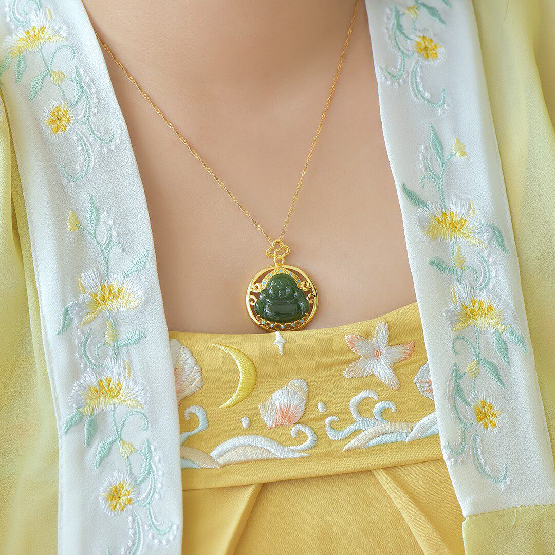 S925银镶嵌和田玉碧玉佛配绿松石吊坠佛公颈饰女士佛像吊坠16024