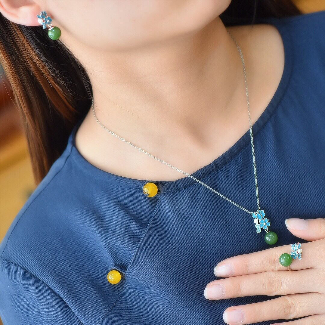 s925银镶和田玉碧玉珐琅小花玉吊坠耳坠戒指复古宫廷三件套17001