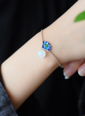 925银和田玉复古珐琅10厘白玉珠手链