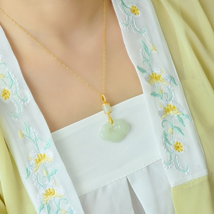 古法银镶嵌和田玉如意锁配柱子吊坠2026新款祥云如意锁S925银镶嵌