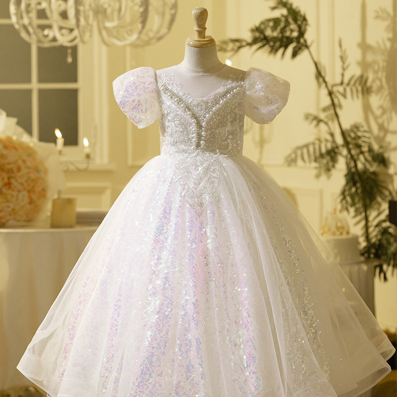 D儿童礼服2025新款网纱亮片裙模特走秀主持人女童泡泡袖公主裙跨