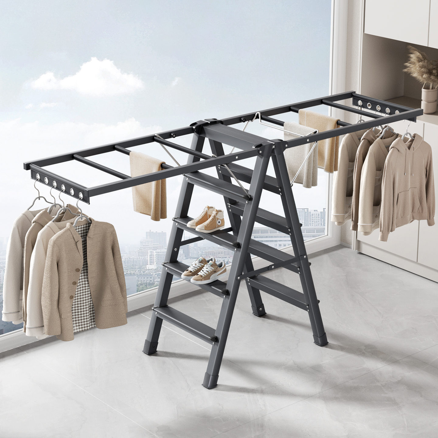 梯子晾衣架家用折叠落地晒架室内多功能加厚晒被子神器阳台晒衣架