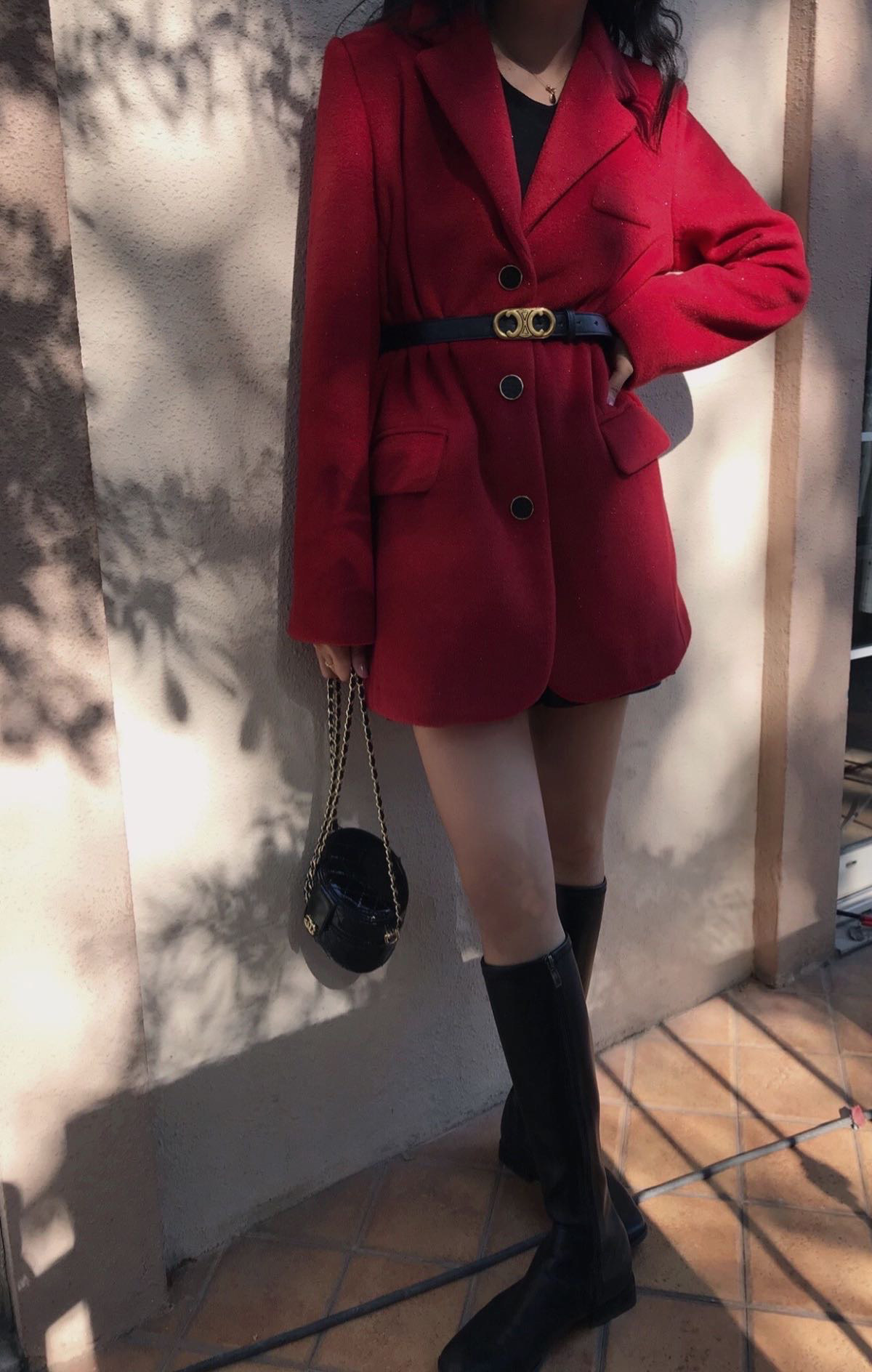 秋冬女士外套大衣宽松毛呢中长款加厚加棉过年喜庆酒红色
