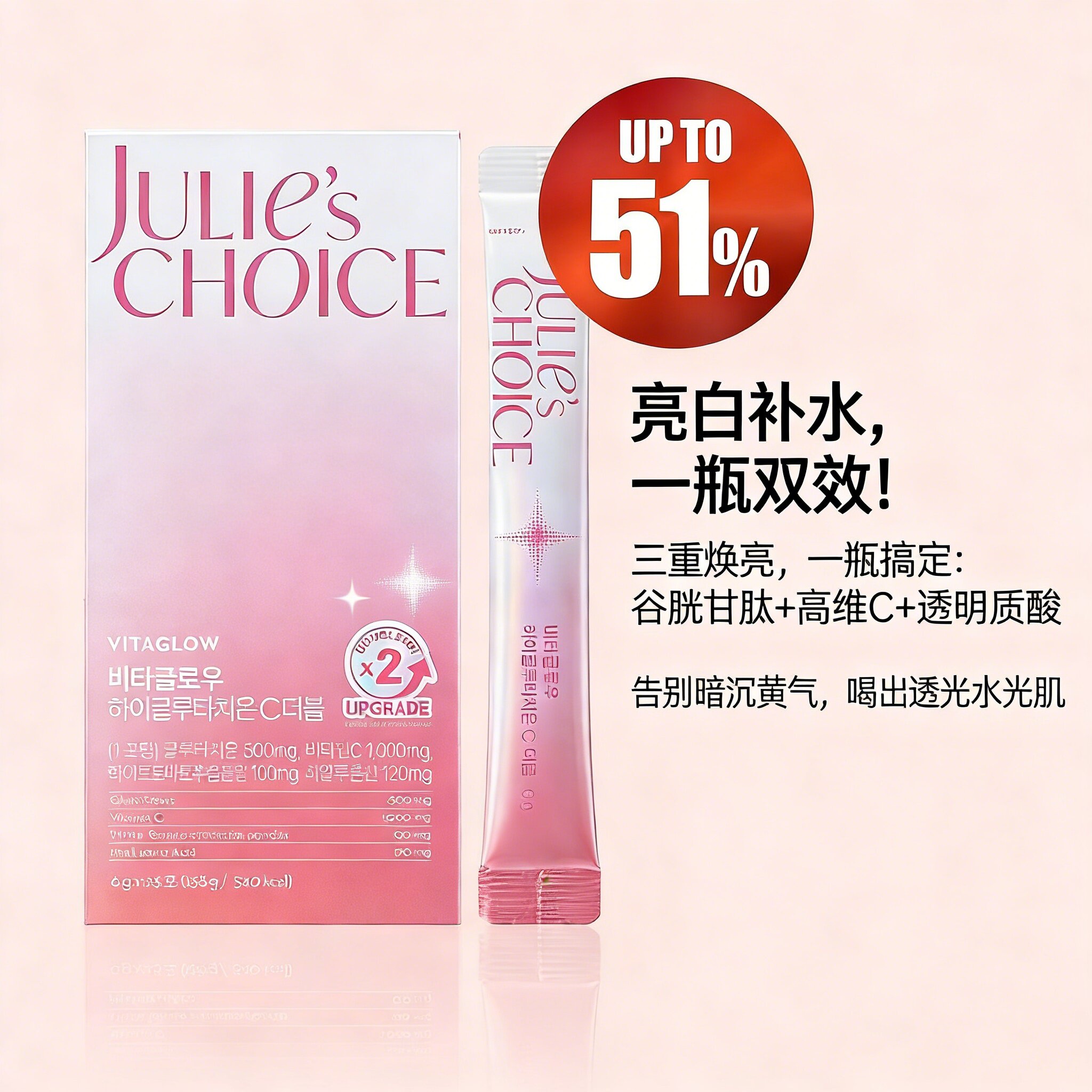 韩国进口JuliesChoice高纯谷胱甘肽内服全身白成光维C透明质酸