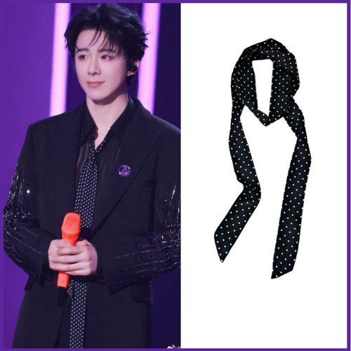 音乐缘计划刘宇宁同款丝巾黑色波点领巾女系脖加长款丝带围巾