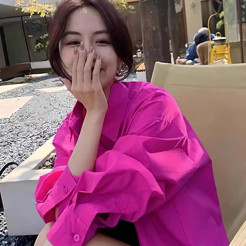 多巴胺火龙果色衬衫早秋装女款新款宽松韩系穿搭上衣衬衣外套