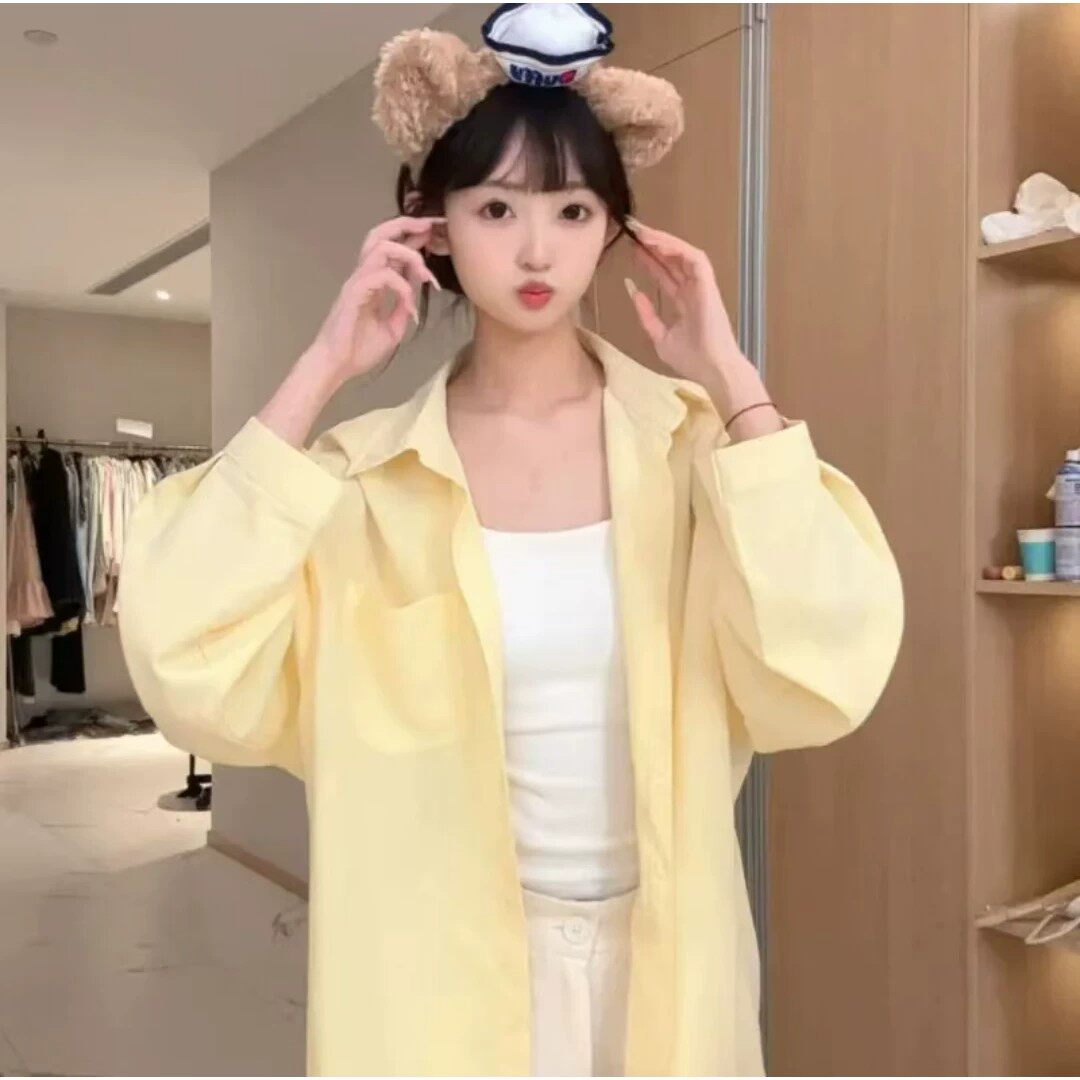 2026新款奶黄色长袖衬衫女夏季宽松防通勤晒中长款外套设计感上衣