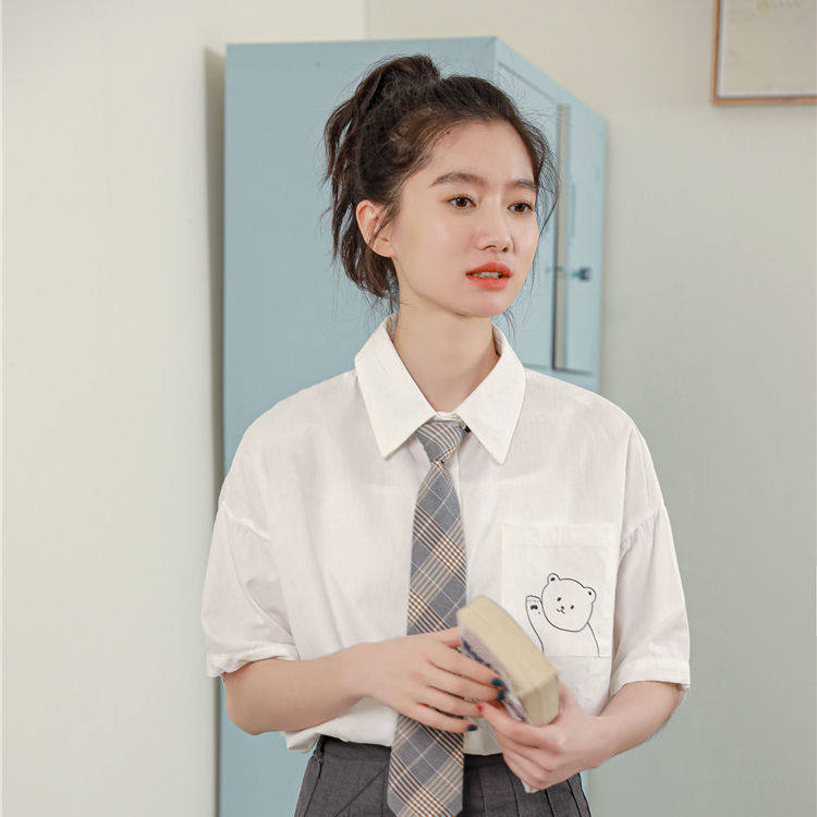 可爱日系少女学院风软妹白色衬衫领带JK制服减龄闺蜜装宽松百搭女