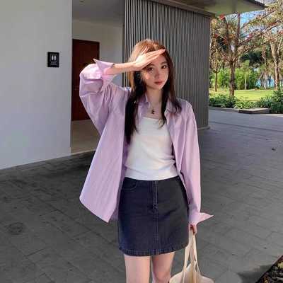 2025别致漂亮浅紫色长袖防晒衬衫外套女开衫初秋薄款上衣小衫新款