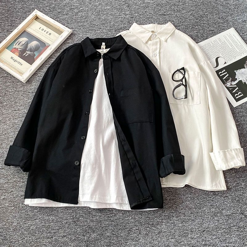 情侣百搭韩版纯色宽松衬衫春夏季黑色潮流日系高级感衬衣简约bf风