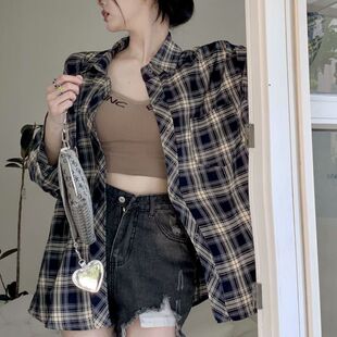 港味宽松长袖防晒衬衫女设计感复古薄款上衣外搭格子开衫BF春夏