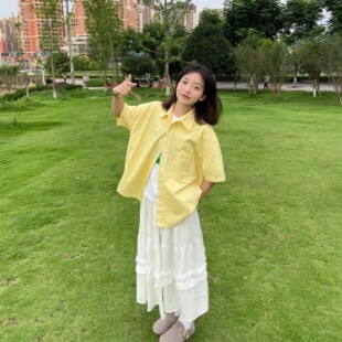 韩系黄色短袖衬衫女夏季新款polo领宽松显瘦衬衣外套慵懒休闲上衣