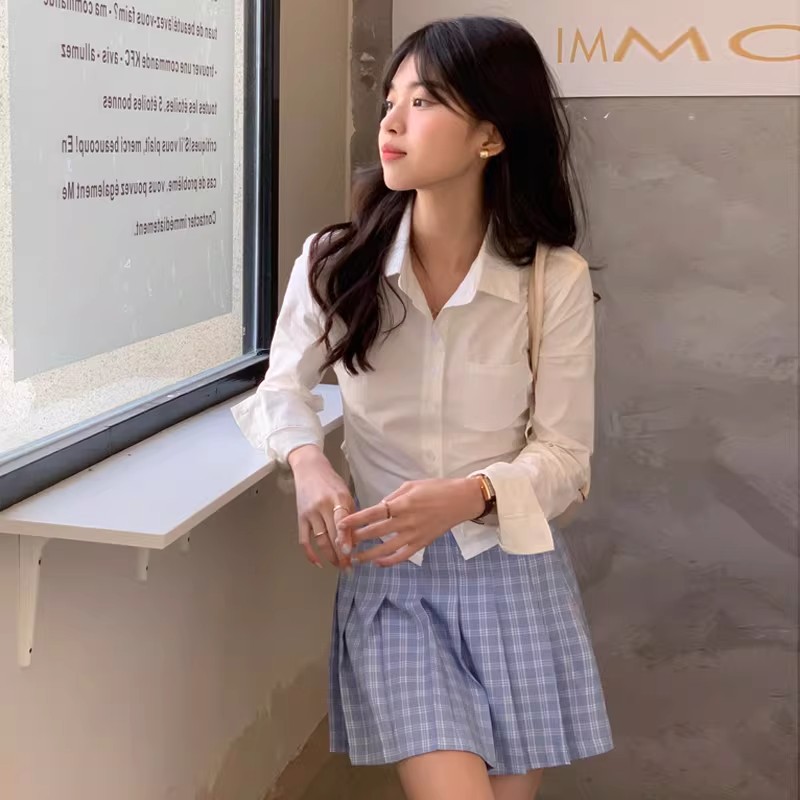 学院风收腰衬衫女长袖春秋季女装新款短款jk制服白色衬衣性感上衣