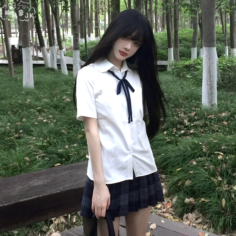 JK制服日系百搭圆领衬衫纯色白色校供感显瘦上衣女学生宽松衬衣