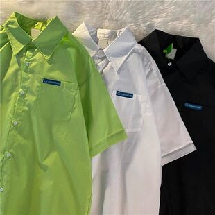 原宿bf风短袖衬衫女复古夏装学生纯色韩版百搭半袖简约上衣男潮流