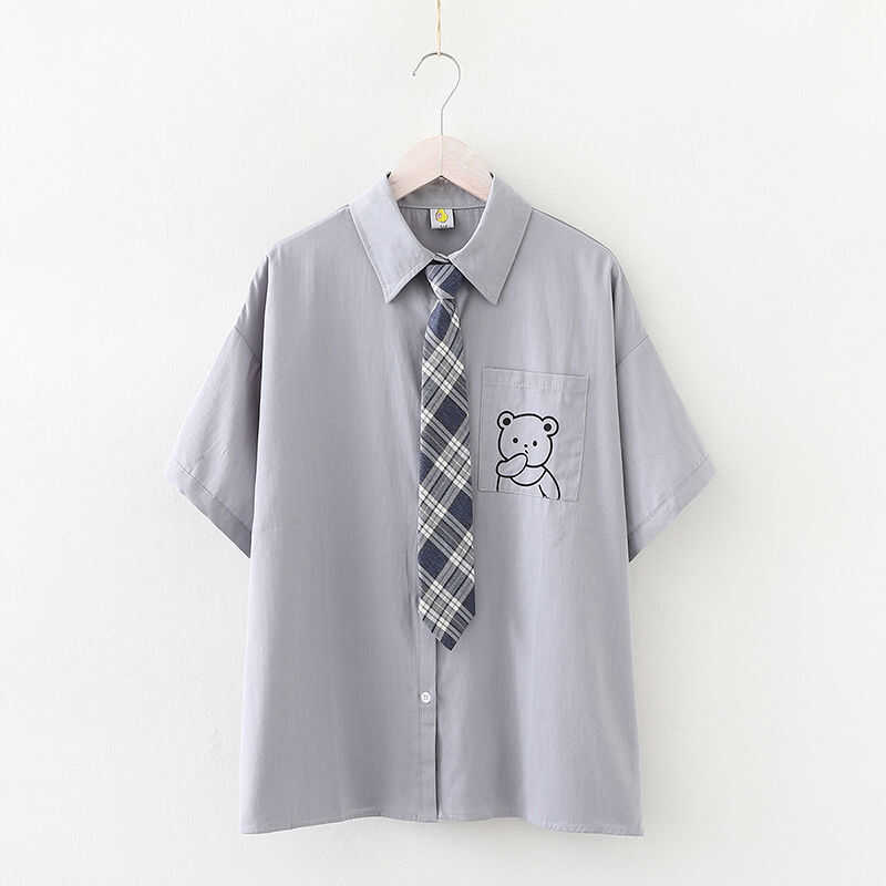 原宿少女日系可爱捂嘴小熊女夏季JK制服宽松减龄短袖衬衫学院风