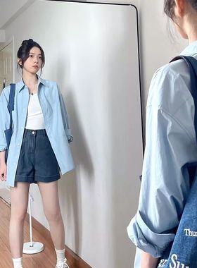 蓝色日系复古长袖衬衫女宽松中长款春季简约纯色穿搭设计感衬衣