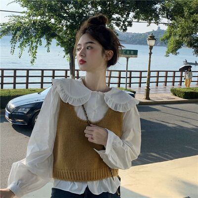 白色娃娃领内搭衬衫春秋叠穿学院风荷叶边新款独特别致长袖上衣