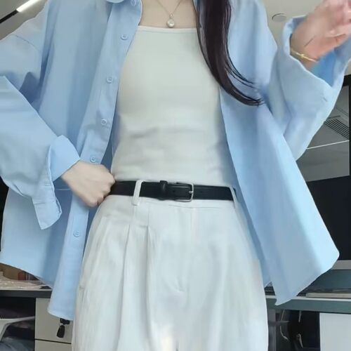 新款蓝色polo领长袖衬衫女春秋休闲薄款韩版外套上衣高级感潮