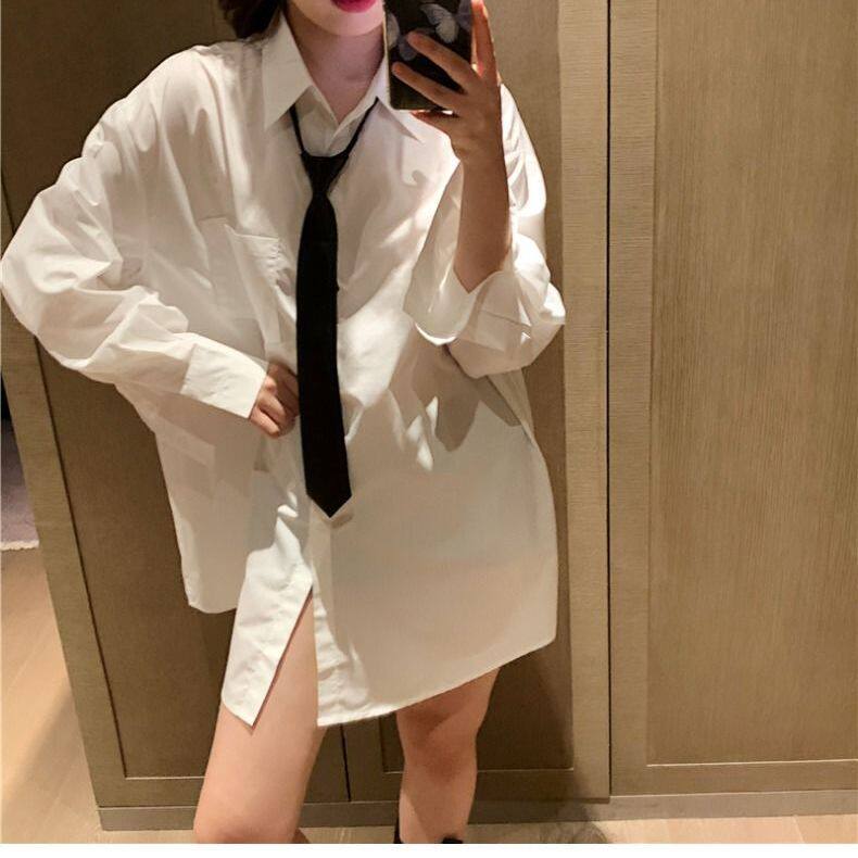 中长款韩版小众设计感衬衫女轻熟风休闲宽松长袖上衣百搭白色衬衣