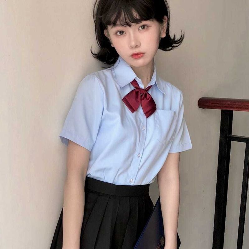 水蓝色衬衫女短袖长袖基础款角襟甜美制服丸襟百搭衬衣学院风