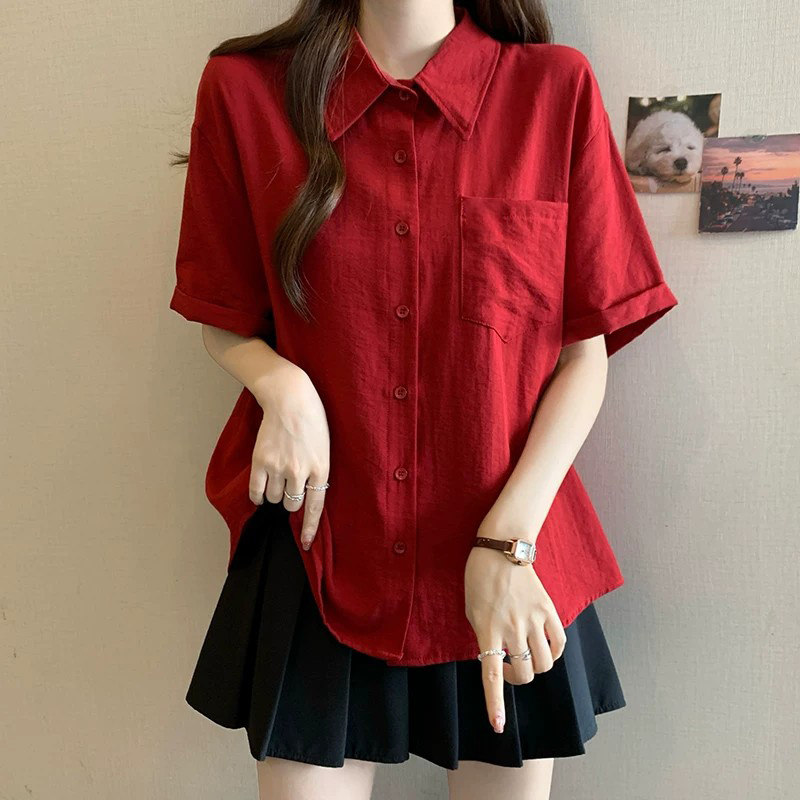 炸街红色polo领短袖衬衫女夏季薄款宽松外套洋气减龄高级感上衣