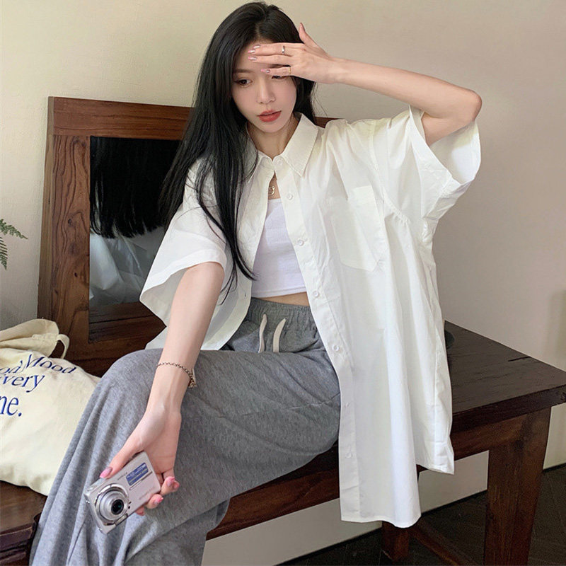 夏季chic简约高级感廓形纯色短袖衬衫女港味白色休闲开衫衬衣潮