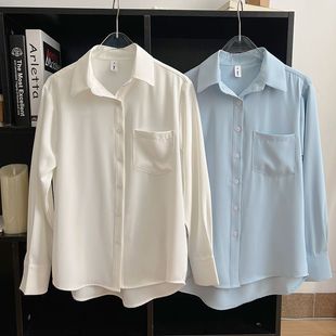 冷淡风蓝色衬衫女设计感小众春秋新款复古港味内搭叠穿法式上衣