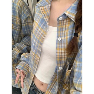 磨毛复古撞色格子长袖衬衫女黄蓝春秋宽松休闲百搭衬衣外套潮港风