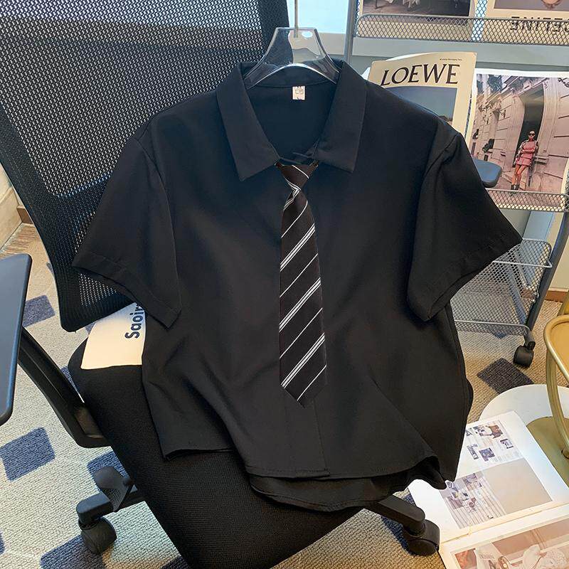 短袖黑衬衫女学院风衬衣韩版学生宽松复古港味学院风衬衣夏季上衣