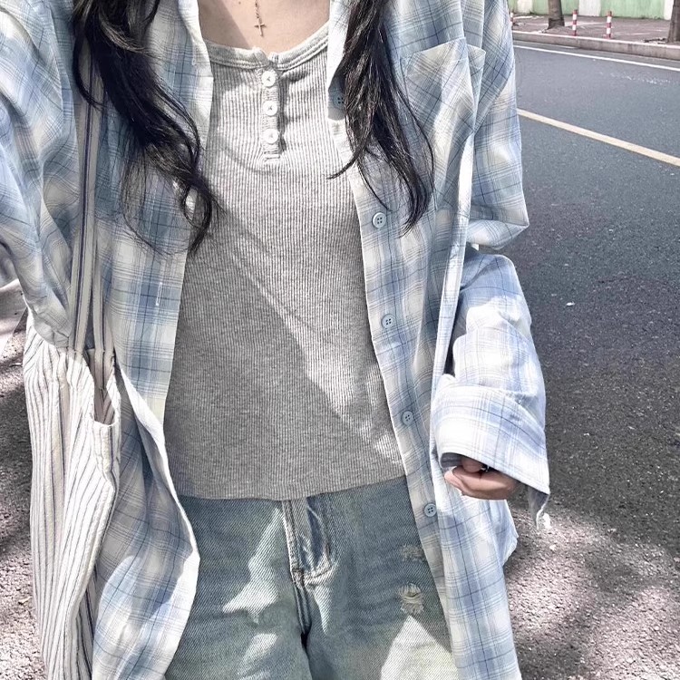 森系文艺蓝格子衬衫初秋薄外套女慵懒长袖设计感休闲衬衣宽松上衣
