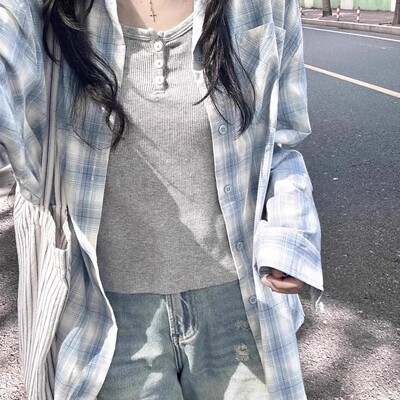 森系文艺蓝格子衬衫初秋薄外套女慵懒长袖设计感休闲衬衣宽松上衣