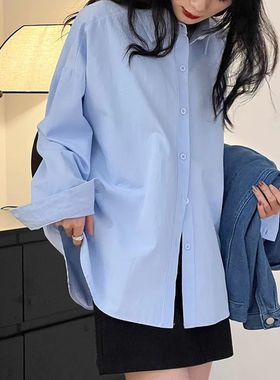 2025百搭减龄蓝色纯色长袖衬衫新款洋气宽松休闲感叠穿翻领BF上衣