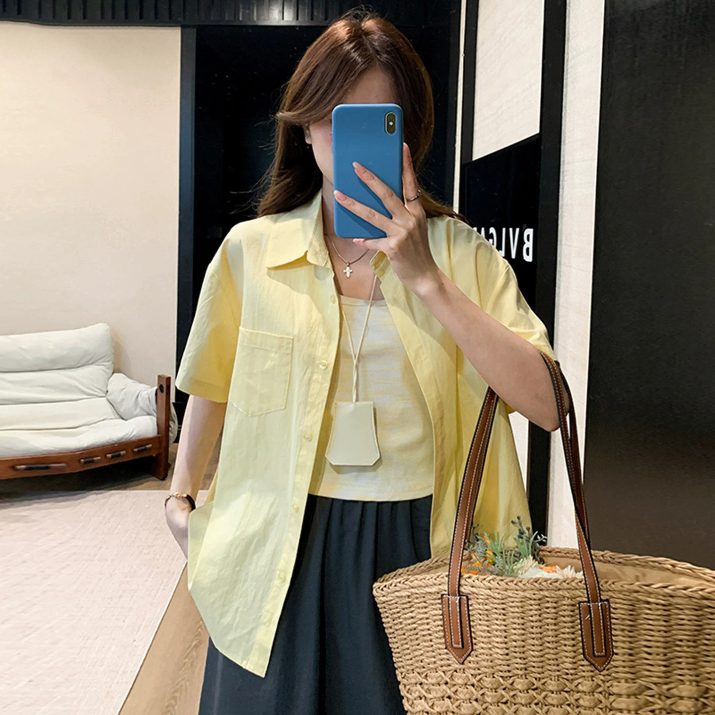 夏季时尚黄色衬衫女温柔系休闲宽松韩版简约chic衬衣显瘦上衣