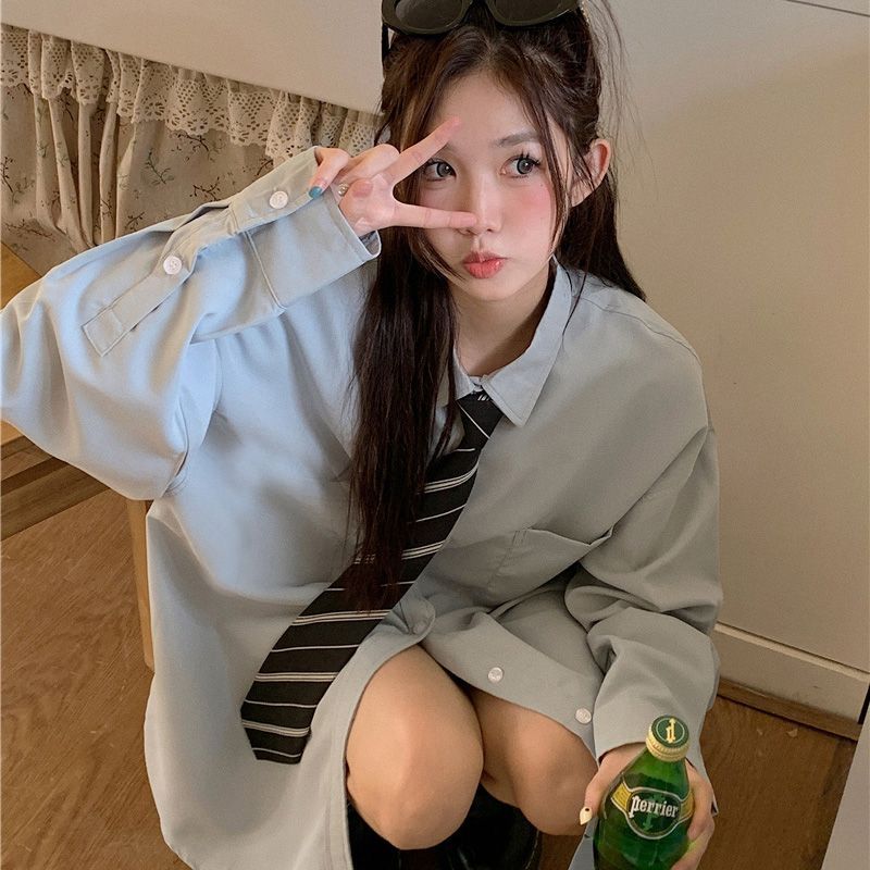 学院风减龄长袖衬衫女早春宽松蓝色衬衣设计感小众中长款上衣潮