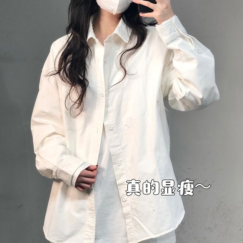 春秋长袖白色衬衫外套女宽松chic港风复古防晒衬衣设计感小众上衣