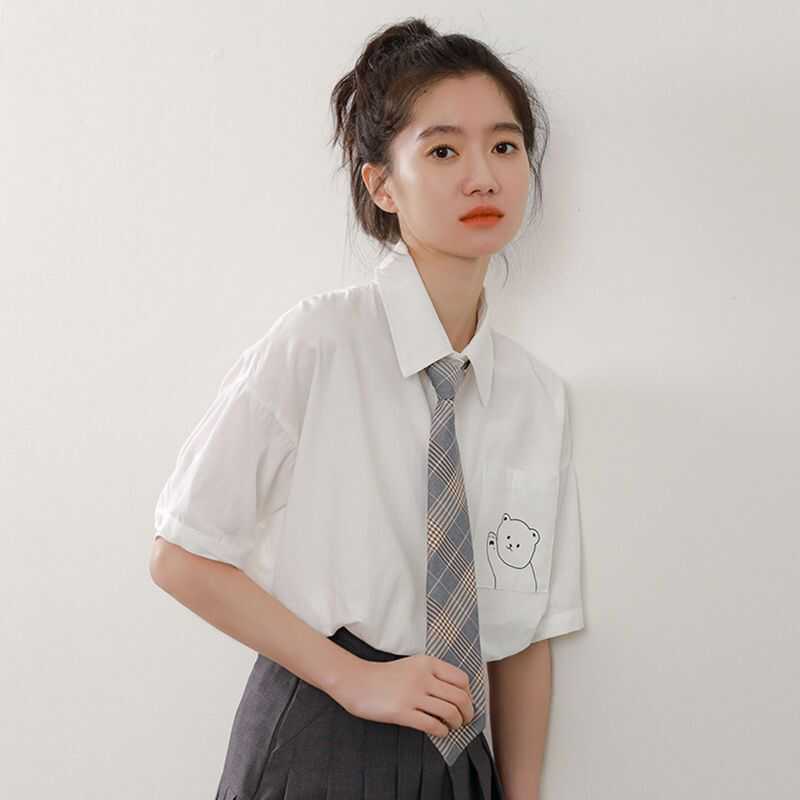 夏学院风小熊jk翻领衬衫外套短袖女百搭韩系通勤五分袖polo领衬衣