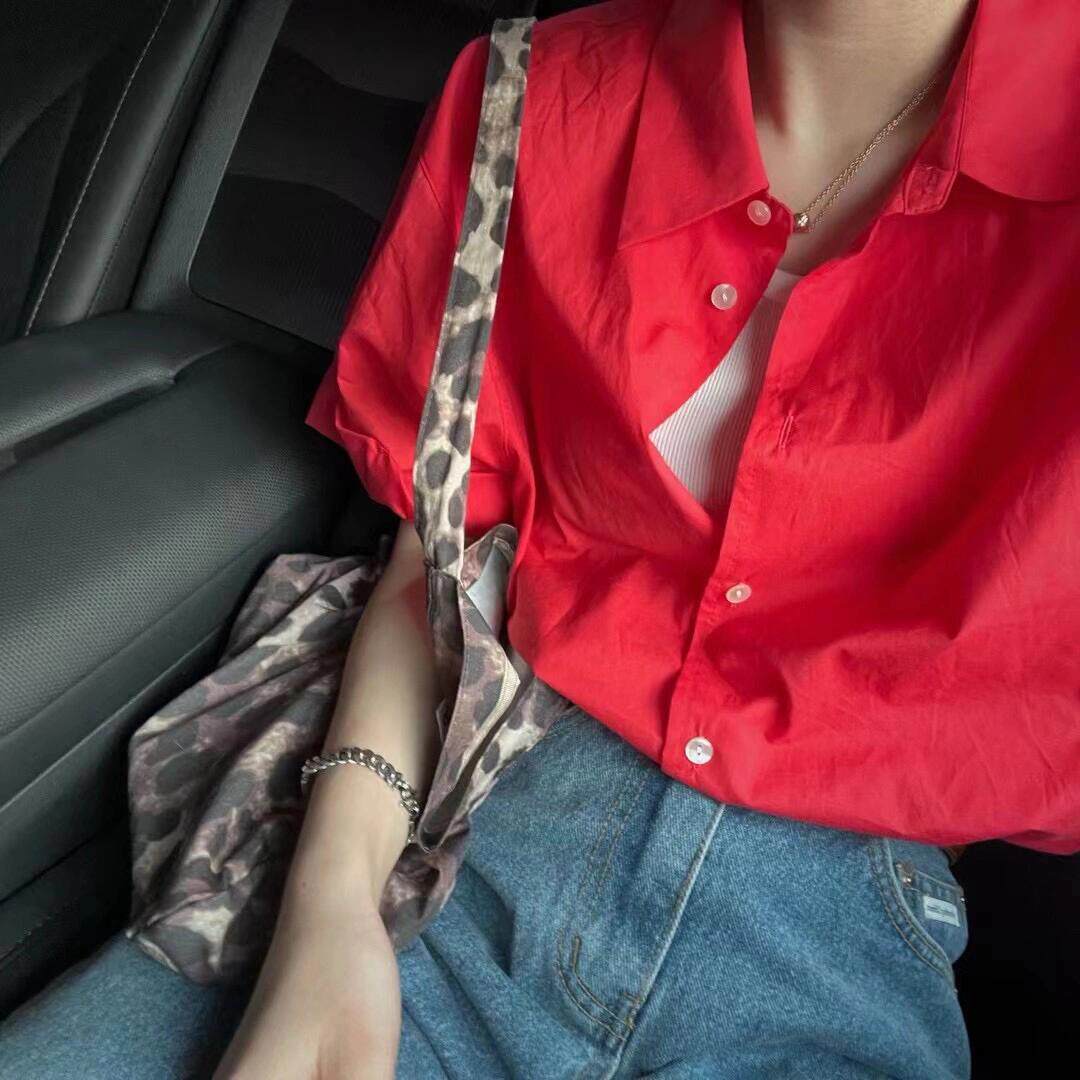 韩系简约显白红色短袖衬衫女设计感小众宽松显瘦百搭休闲衬衣